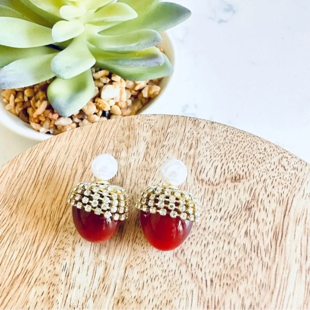 2/$30🌵 Resin Acorn Rhinestone Faux Pearl Double Sided Earrings NEW Fall Autumn